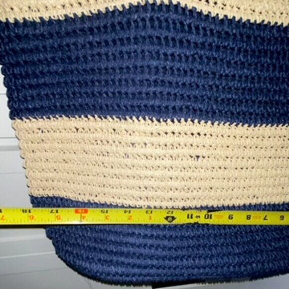 SunNSand Woven Jute Beach Tote Bag Zip Top Navy Tan Stripe 18wx14.5hx6.5"d EUC - Picture 7 of 9
